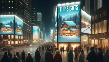 Ponto nº Top-sights: Anúncios luminosos em áreas movimentadas, destacando as opções de hospedagem e lazer durante o inverno.